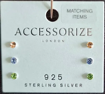 ACCESSORIZE 925 SWAROVSKI CRYSTAL STUDS STERLING SILVER EARRINGS X 3 PAIRS • £14.79