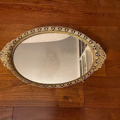 Vintage Oval Mirror Vanity Tray 16.5x10 Brass Tone Floral Rose Footed Handles • $69.99