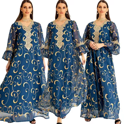 Moroccan Women Embroidery Abaya Long Dress Islam Kaftan Dubai Party Arab Muslim • $47.15