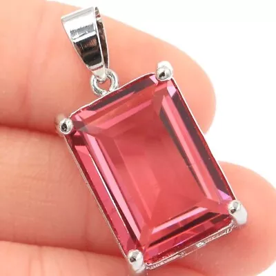 Princess Cut Big Gemstone Pink Morganite CZ Women Silver Pendant  • $4.40