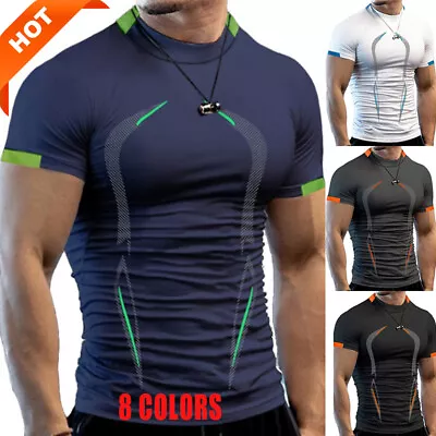 Men's T-Shirt Bodybuilding Gym Tops Slim Sports Fitness Tight Short Sleeve Tee • £9.60