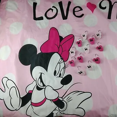 $19.79 • Buy Disney LOVE MINNIE Mouse Fabric Shower Curtain 70x72 Magnet Liner & Minnie Hooks