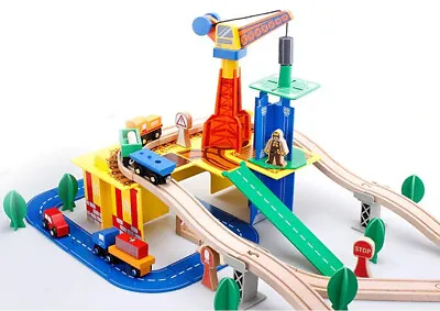 £34.99 • Buy Wooden 80 Pcs Busy Crane & Train Set Railway Track Toy Brio Bigjigs Compatible