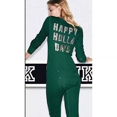 Victorias Secret PINK Green Happy Holla Days Sequin One Piece Pajamas Size M • $40