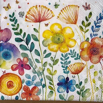 5 X Paper Cocktail Napkins/Decoupage/Craft/Dining/Yellow Red Blue Flowers BC184 • £1.40