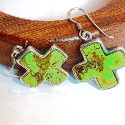 $125 • Buy Vintage Inlaid Green Turquoise  Sterling Silver 925 Earrings Southwest