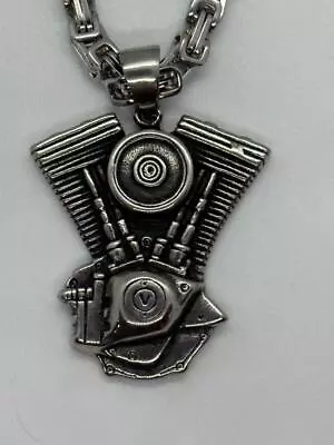 V-Twin Motor Engine Pendant 5mm Byzantine Chain Stainless Steel 10 • $26.95