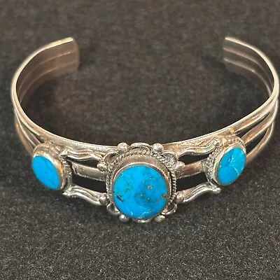 Vintage Sterling Silver 925 Natural Turquoise 3 Stone Cuff Bracelet 30 Grams • $82