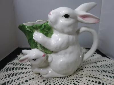 White Bunny Rabbit & Baby Cabbage Leaf Pitcher 48oz Planter Vase • $12