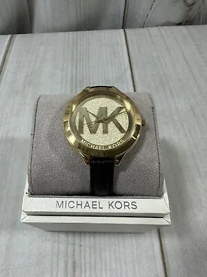 MICHAEL KORS Womens Slim Runway Gold Tone MK Logo Face Black Leather MK2392 • $99.99