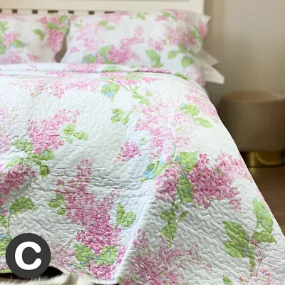 Luxury White Pink Floral 100% Cotton Quilted Bedspread Set Soft Scalloped Edge • £29.95