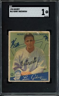 $974.88 • Buy 1934 Goudey Hank Greenberg #62 SGC 1 PR HOF RC Tigers Baseball Rookie Card