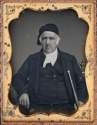 Elderly Gentleman With Cane Unusual Hat Smoking Cap 1/4 Plate Daguerreotype S630 • $285