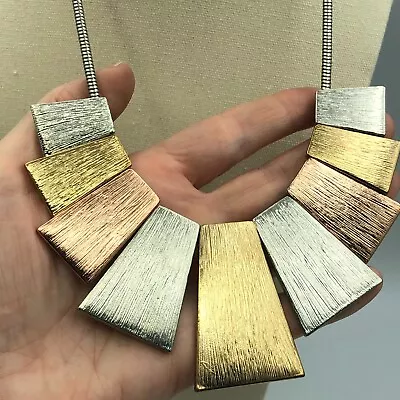 £12 • Buy STATEMENT Retro Wedge Necklace 1980s Style Grecian Mixed Metallic Studio 54