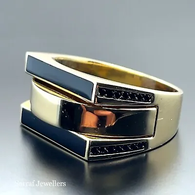 14K Yellow Gold Signed Ring CZ & ONYX Black Stones Oval & Line Design Mens • £699.90