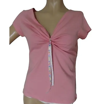 B Moss T-Shirt Womens Large Pink Ruched V-Neck W/ribbon Detail Cotton L Top • $9.99