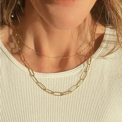 Layering Gold Paperclip Chain Necklace Everyday Necklace Waterproof Jewelry Gift • $24