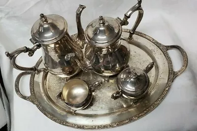  Wm Rogers 800 Silver Coffee Tea Set 5 Piece Set With Heavy Decorated Tray • $96.75