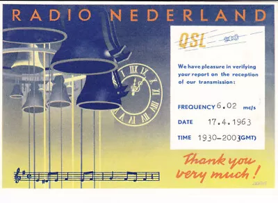 1963 QSL: Radio Nederland Hilversum Netherlands • $2