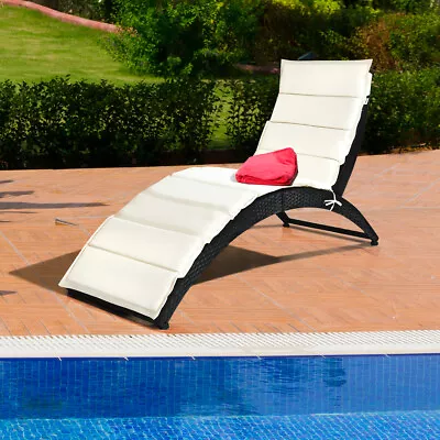 Foldable Rattan Wicker Chaise Lounge Chair W/ Cushion Patio Outdoor • $98.99