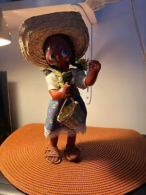 Vintage Mexican Folk Art Oil Cloth Female Doll W/ Leather Sandals And Basket • $14.99