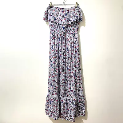 Lorraine Dress 8 Strapless Blue Floral Maxi Dress Ruffle Long • $12