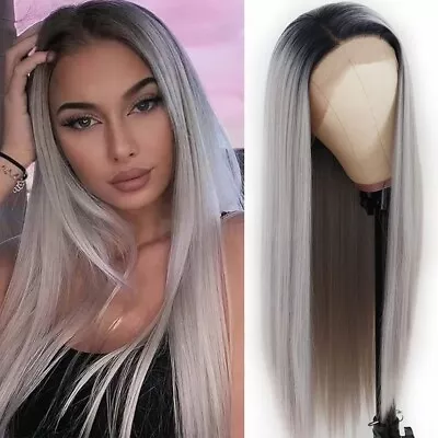 Ombre Gray Lace Front Wigs Long Straight Human Hair Heat Resistant Pre Plucked • $19.86