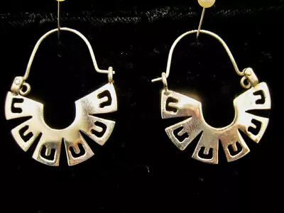 Aztec Mayan Semi Wheel Hoop Earrings Sterling Silver Taxco Mexico • $36.21