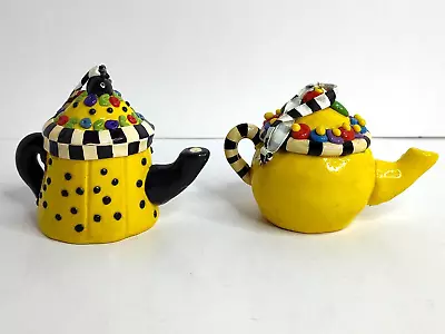 Lot Of 2 Mary Engelbreit Teapot Ornaments Yellow And Black Polka Dots 3  Resin • $19.99