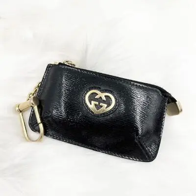 GUCCI Cowhide Enameled GG Heart Logo Black Wallet Coin Case Purse Key Ring Chain • $158