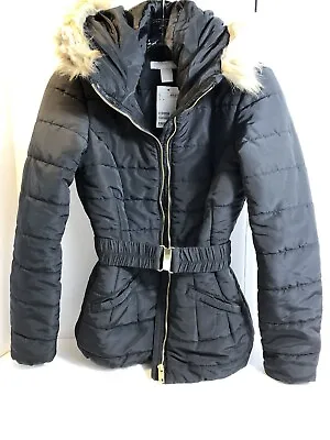 H&M Womens Full Zip Belt Long Sleeve Fur Hooded Puffy Jacket Size 2 NWT $50 Tag • $40.99