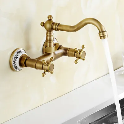 Brass Bronze Kitchen Sink Taps Wall Mounted Kitchen Mixer Taps Dual Lever .D • £39