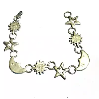 Silver 925 Bracelet Celestial Moon Sun Star Chain Link Hinge Estate Vintage • $42.99