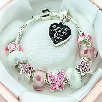 ENGRAVED Jewellery For Girls Pink White Charm Bracelet PERSONALISED Gift Box • £14.95