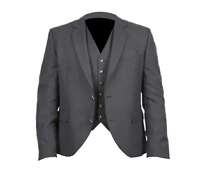 Men Grey Argyle Kilt Jacket & Vest 100% Serge Wool Scottish Weeding Kilts Jacket • £61.50