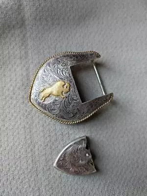 Vintage STERLING On NICKEL Belt Buckle BUFFALO Silver WESTERN Trace Cowboy TIP • $168.95