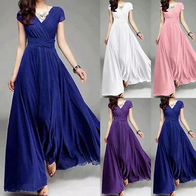 V Neck Sundress Dress Maxi Short Sleeve Long Chiffon Formal Women Prom • £16.66