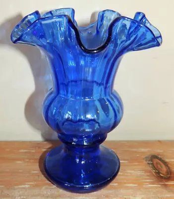 L@@k! Vintage Stunning!! Fenton Glass Ruffled Tulip Cobalt Blue Vase 6.5  Signed • $36