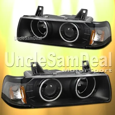 For Bmw E36 3-series 4 Door Sedan Halo Rims Clear Projector Headlight Black Pair • $184.99
