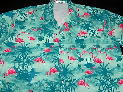 Mens Hawaiian Aloha Button Front Short Sleeve Flamingo Polyester Shirt 2XL XXL • $19.99