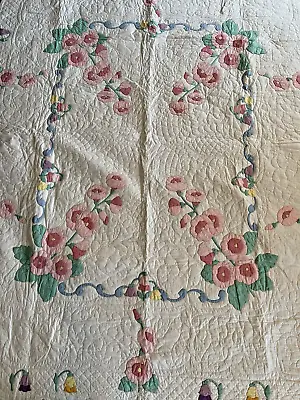 Hollyhock Flower Quilt Machine Quilted Needle Turn Applique 1930's Lot A • $395