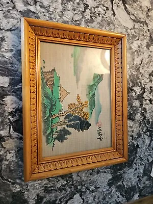 Vintage Hand Carved Frame 12  X 9  Asian Themed Painting On Cloth • $18