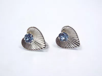 Vintage Van Dell Sterling Silver Heart W/ Blue Rhinestone Screw Back Earrings • $60