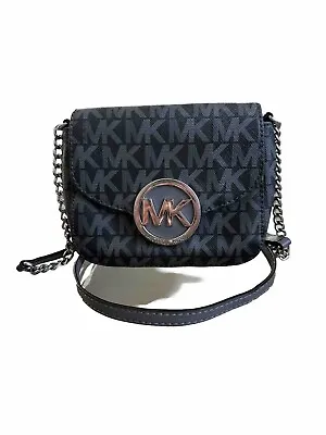 Michael Kors Fulton Black Gray MK Signature Small Crossbody Bag Handbag Purse • $28