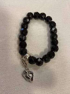 Thomas Sabo BLACK Obsidian Bead Charm Carrier Bracelet & FOOTPRINTS Charm TS 925 • £39