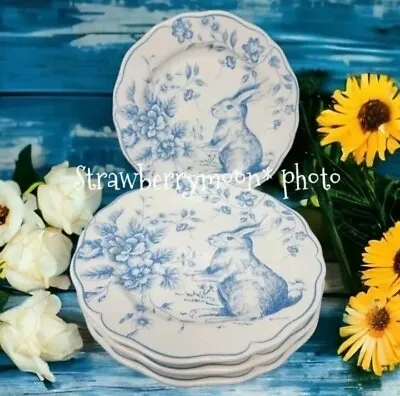 4pc Maxcera Blue Toile Easter Bunny Rabbit Scalloped Cabbage Rose Salad Plates • $68