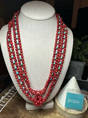 Stunning Woven Rd. Bead Ladder Style Red Coral & Turquoise Jay King Necklace 48  • $99