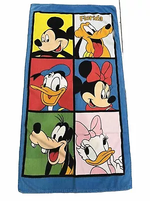 Vintage Disney Florida Beach Towel Mickey Minnie Donald Daisy Goofy Pluto Cotton • $10