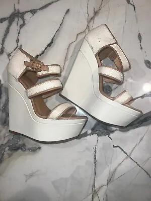 L.A.M.B. Gwen Stefani Shoes Sz 7.5 Wedge White And Tan Leather Straps Platform • $27.99