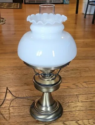 Vintage Brass Hurricane Table Lamp With White Milk Glass Ruffled 20  Tall • $50